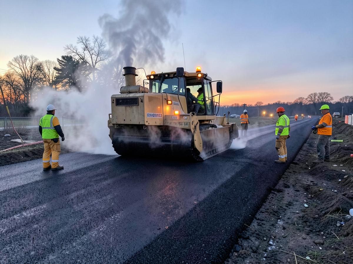 Asphalt being laid by a paver machine with road crew
